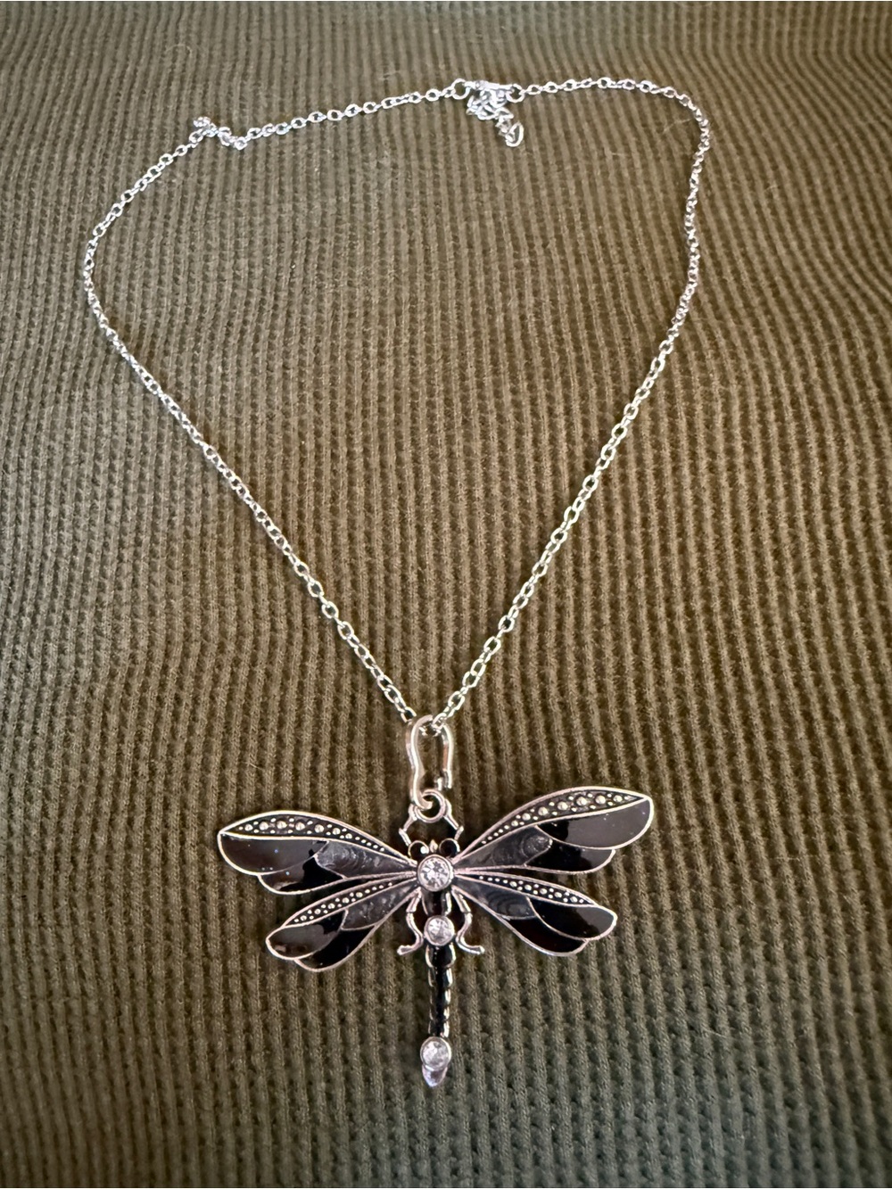 Silver Black Dragonfly Pendant Necklace - Elegant Women's Jewelry
